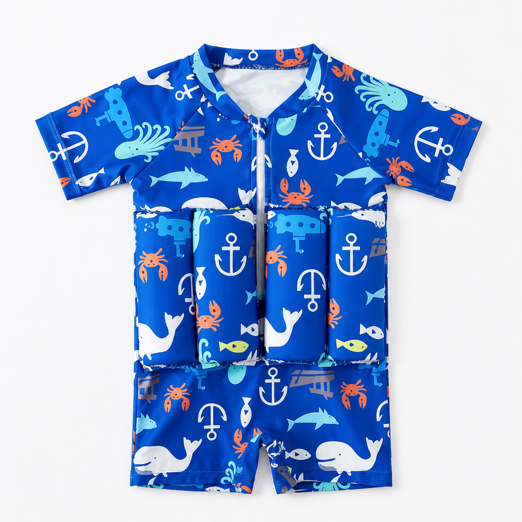 FloatPals Swim Confidence Suit - Navy whale and anchor print